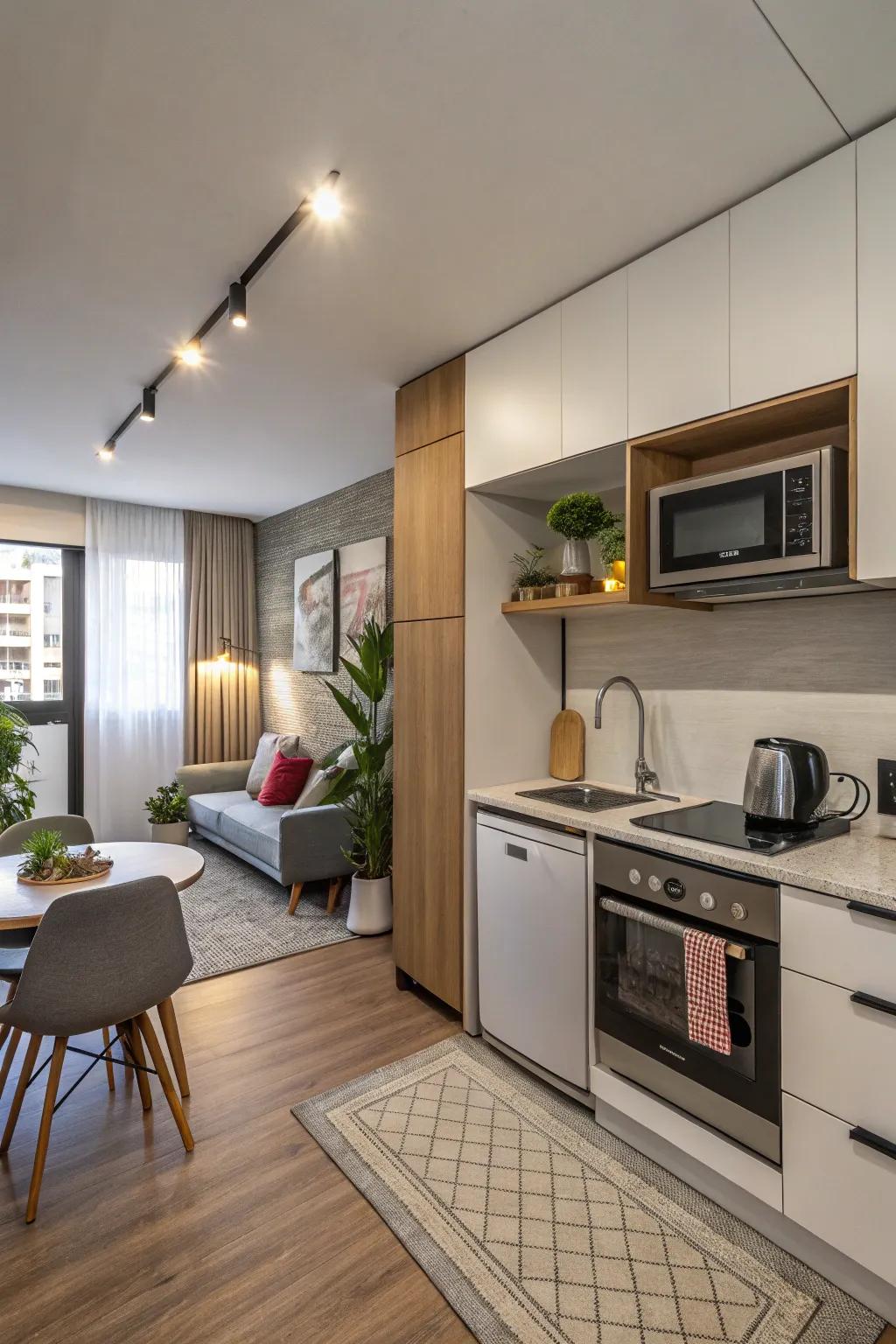 A studio apartment featuring a sleek and compact kitchen that maximizes functionality.