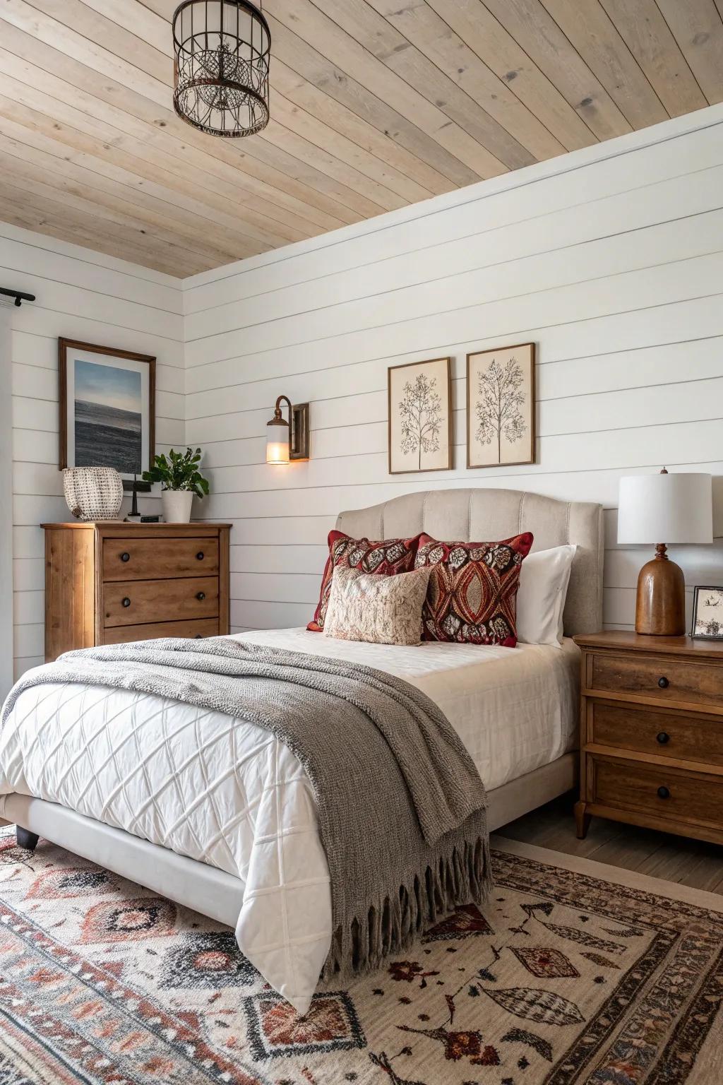 Plank paneled walls add texture and timeless charm.