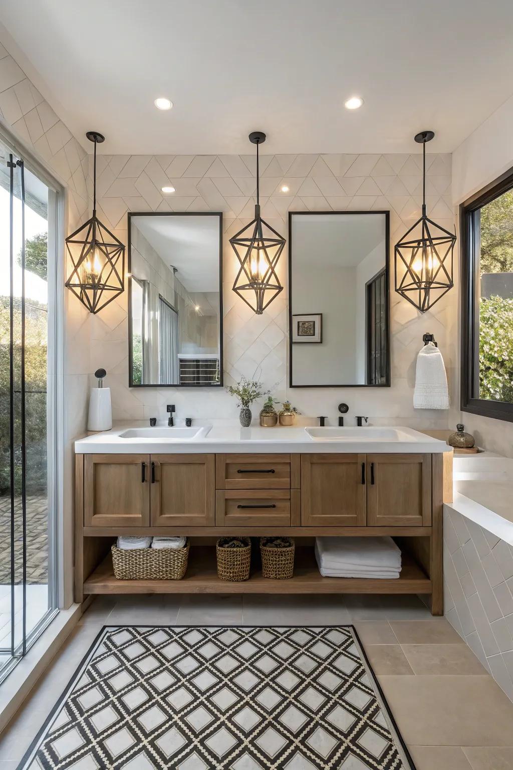 Geometric designs create a bold declaration in modern bathrooms.