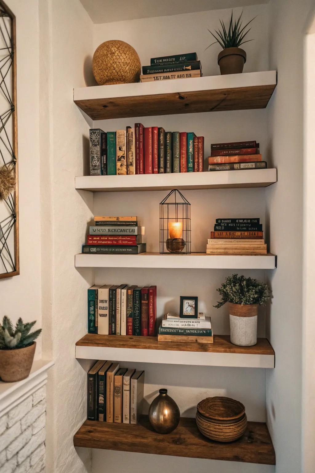A wall niche with wall-mounted shelves, elegantly displaying literature and ornaments.