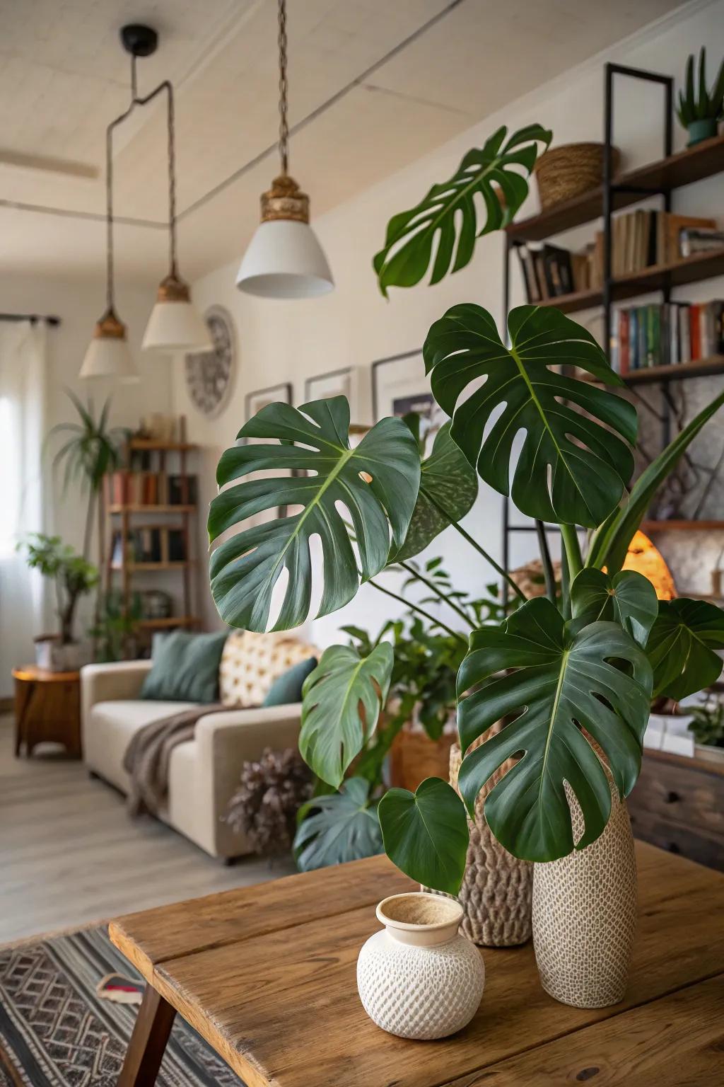 A space showcasing both real and imitation monstera leaves.