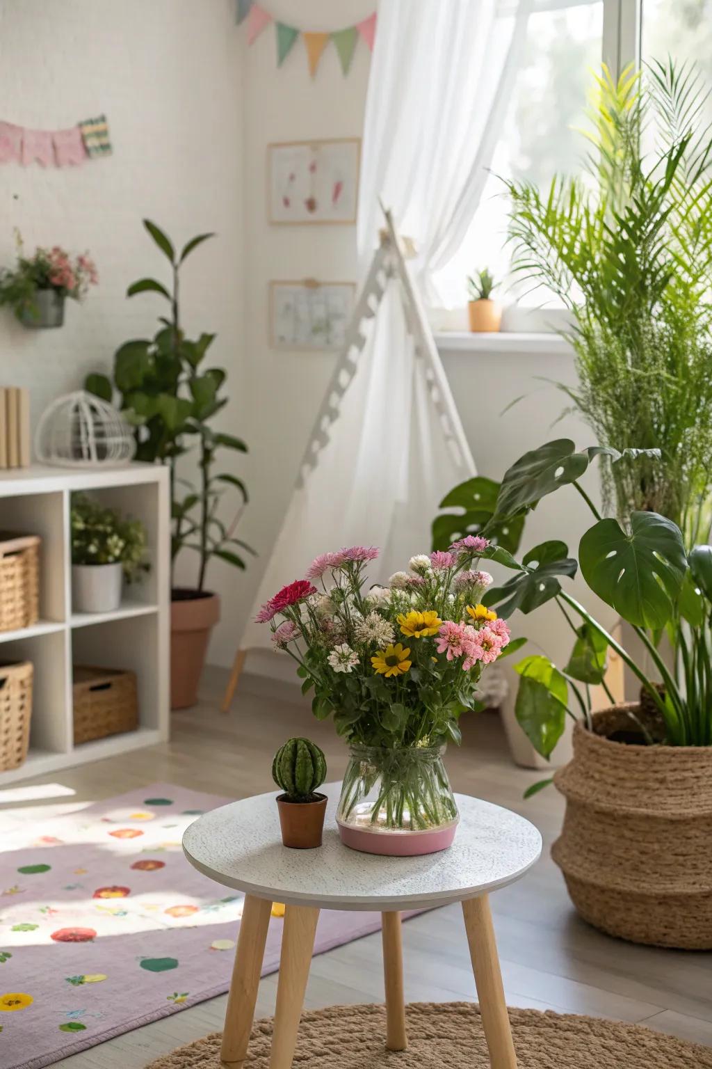 Nature-inspired decor adds a soothing element to the room.