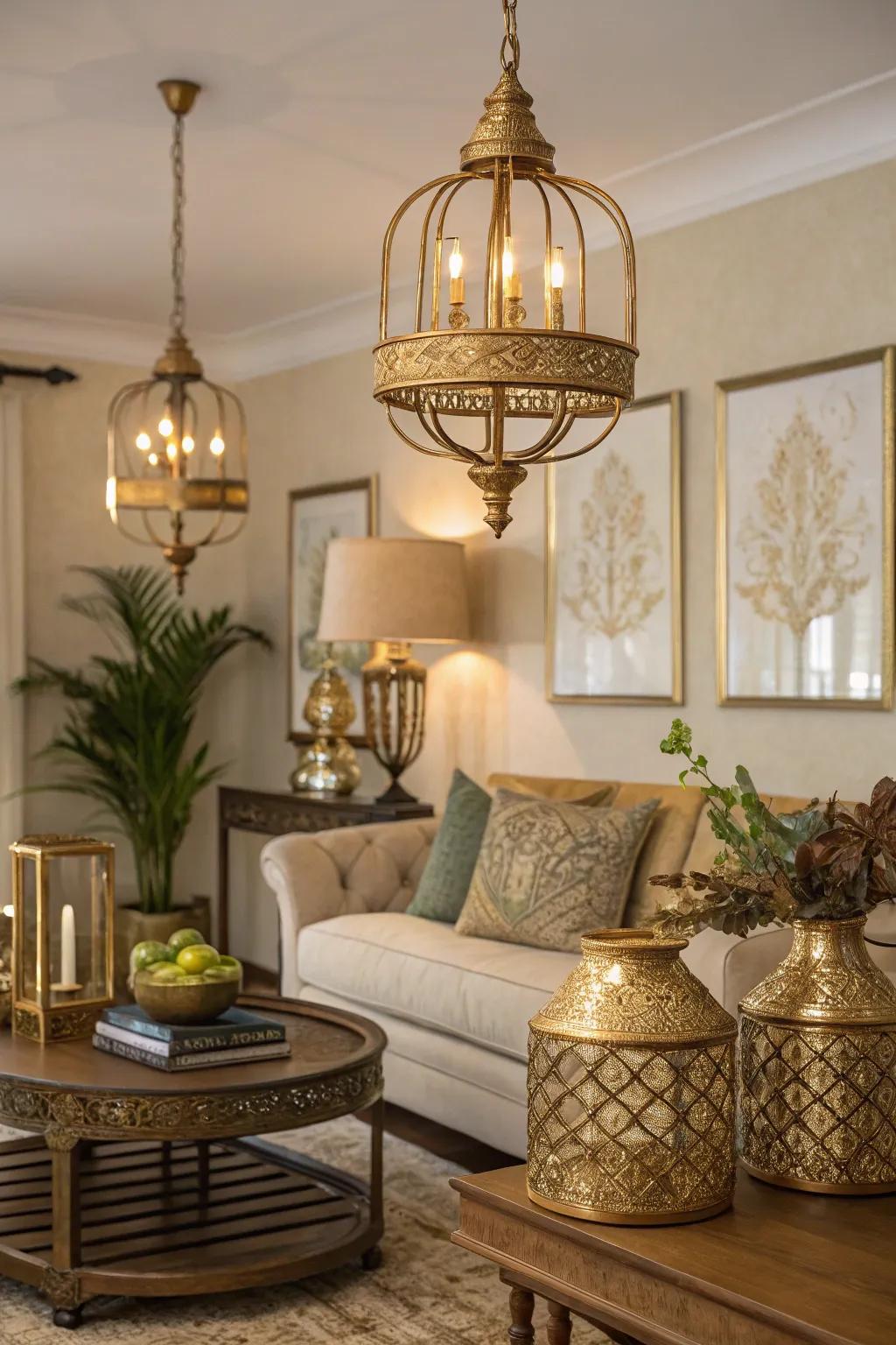 Metallic elements adding class to a calmly lit living room.