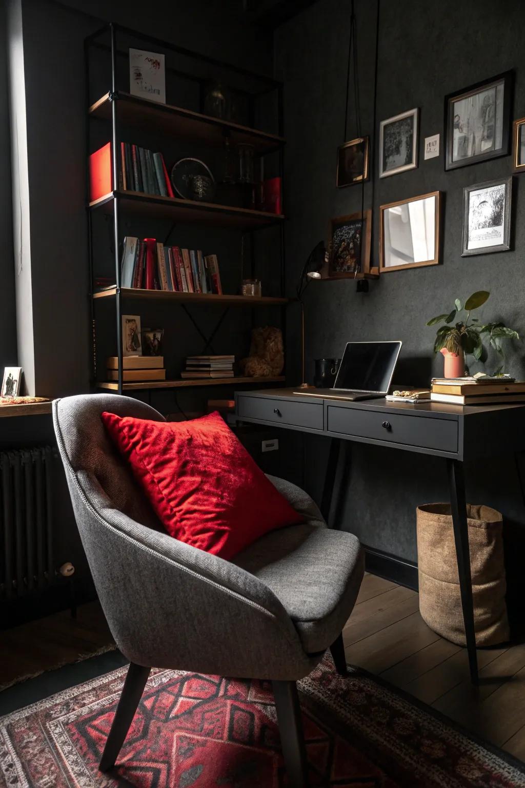 A striking highlight introduces a surprising twist to the atmospheric office.