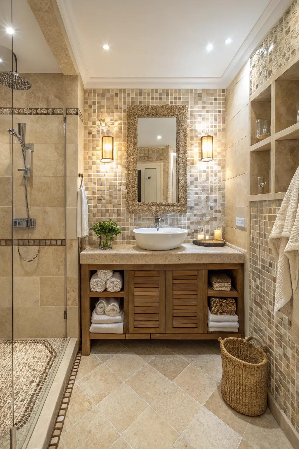 A serene bathroom using neutral mosaic panels giving off subtle elegance.