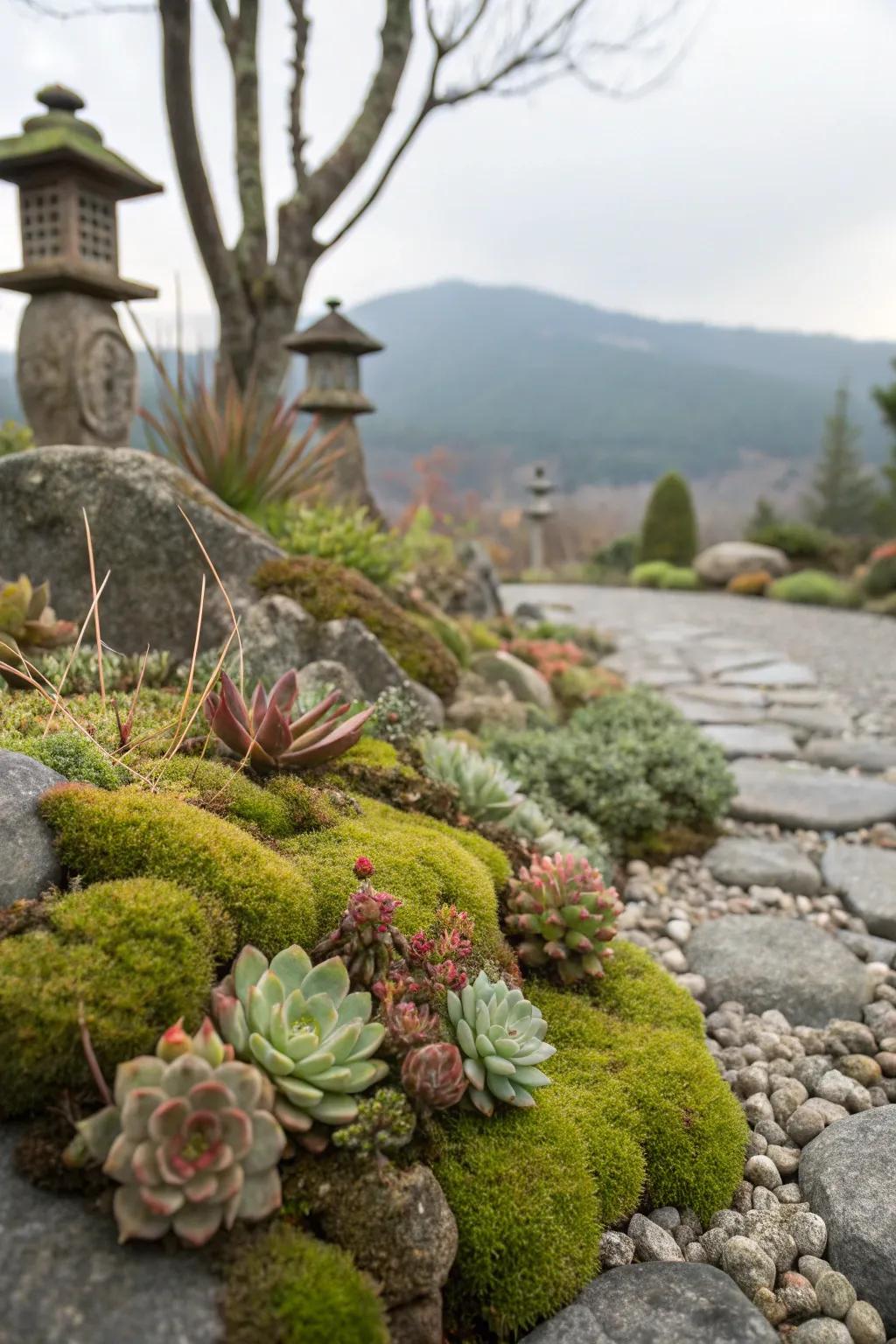 A vibrant rock garden showcasing lush moss stones.