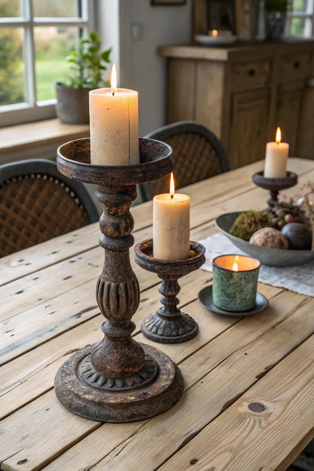 Earthy illumination vessels enrich the table arrangement with their cozy radiance.