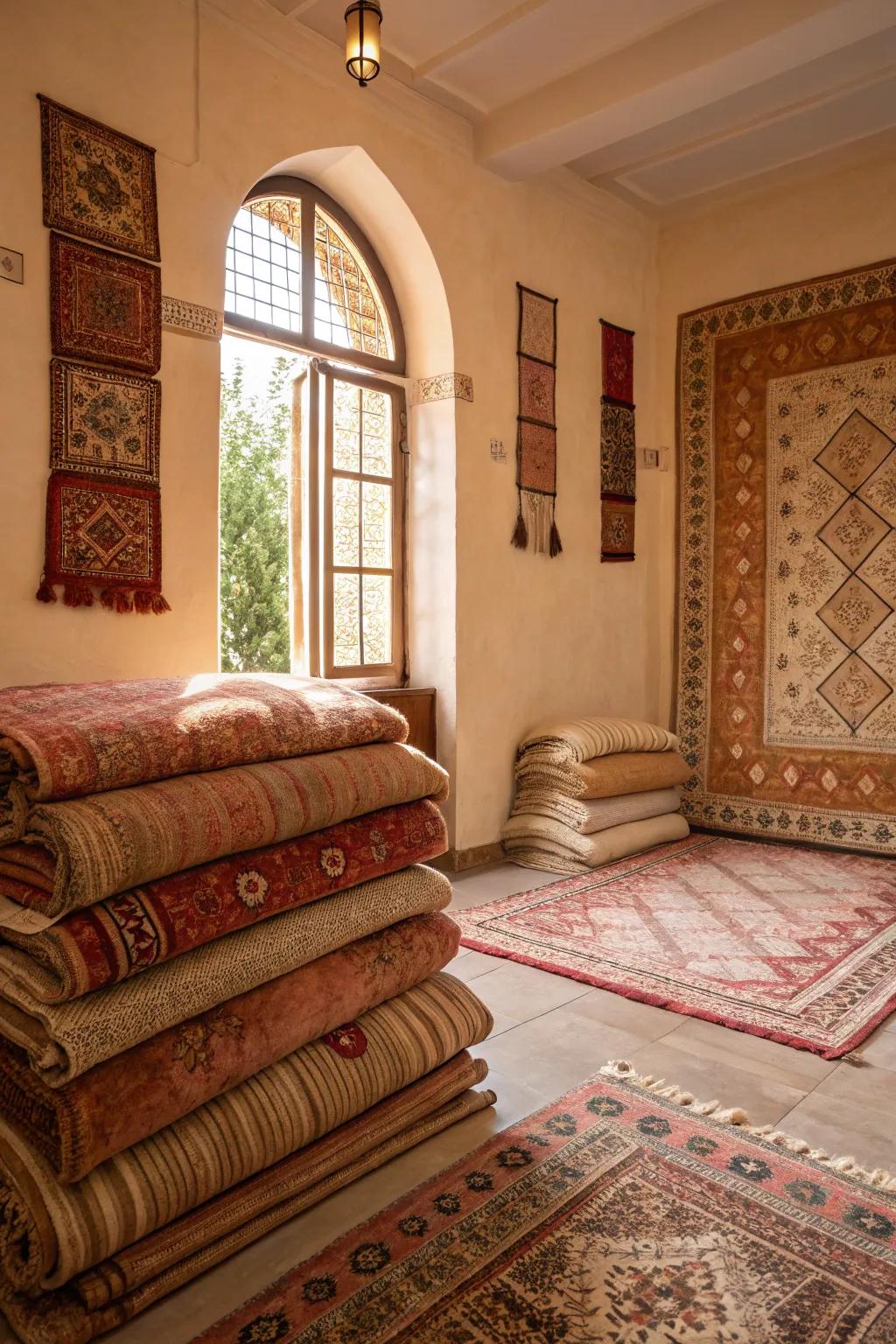 A comfortable room showcasing layered ground covers for added coziness.