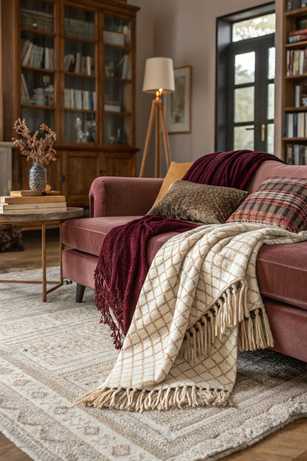 Layered textures make the living room feel extra cozy.