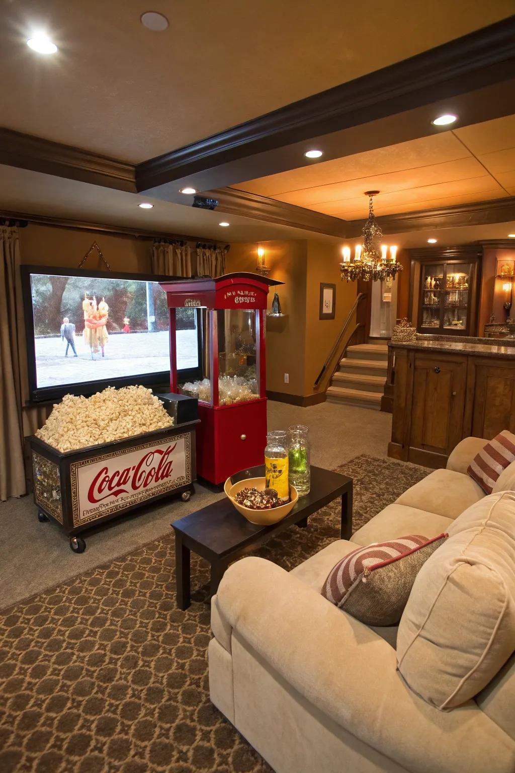 A concession stand adds a playful element to your movie nights.