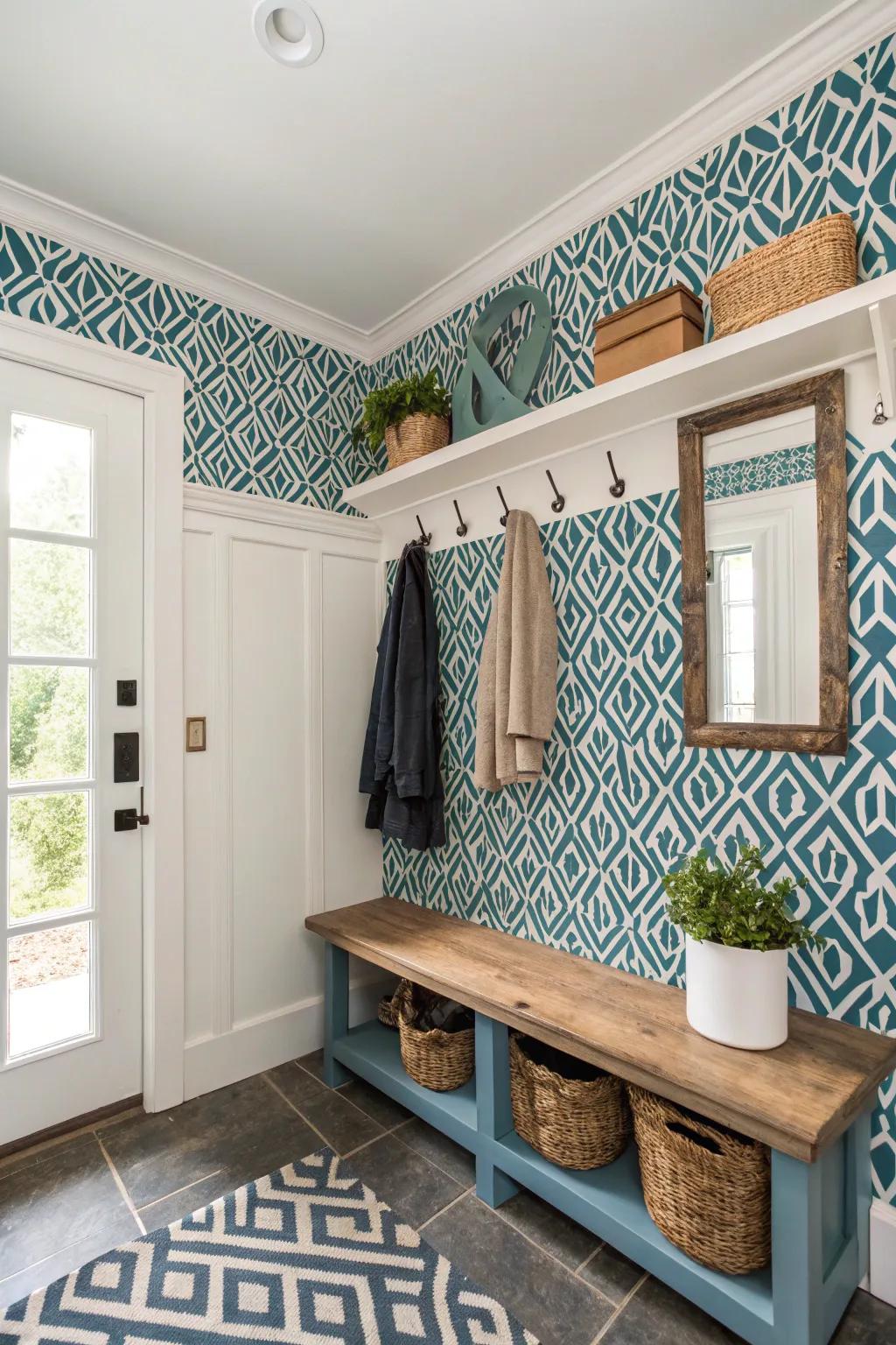 Mudroom highlighting striking patterned wallpaper for extra visual intrigue and design.