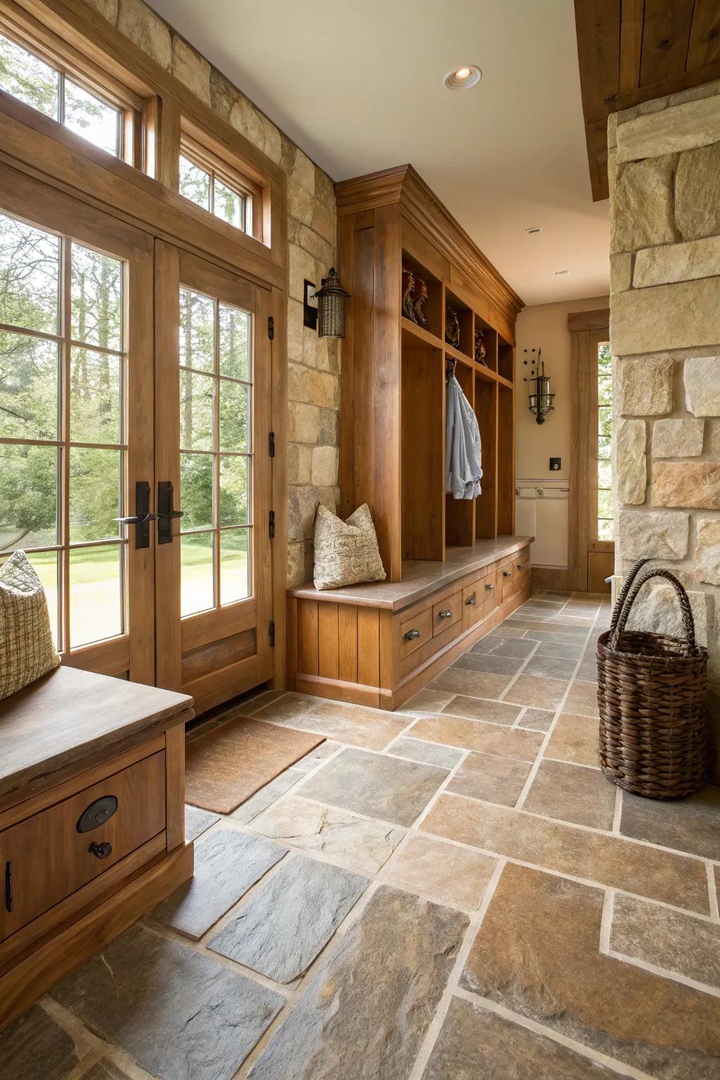Natural stone tiles lending ageless appeal to a mudroom