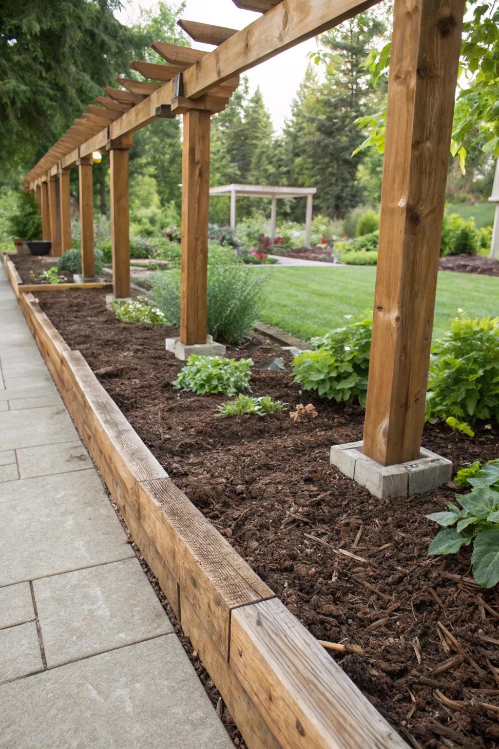 Timber beams infuse countryside charm into mulch borders.