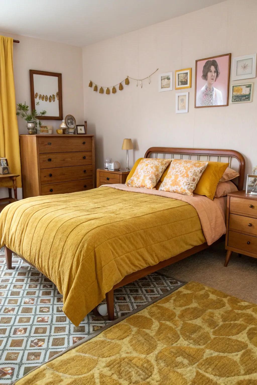 A retro-inspired bedroom featuring mid-century touches and goldenrod accents.