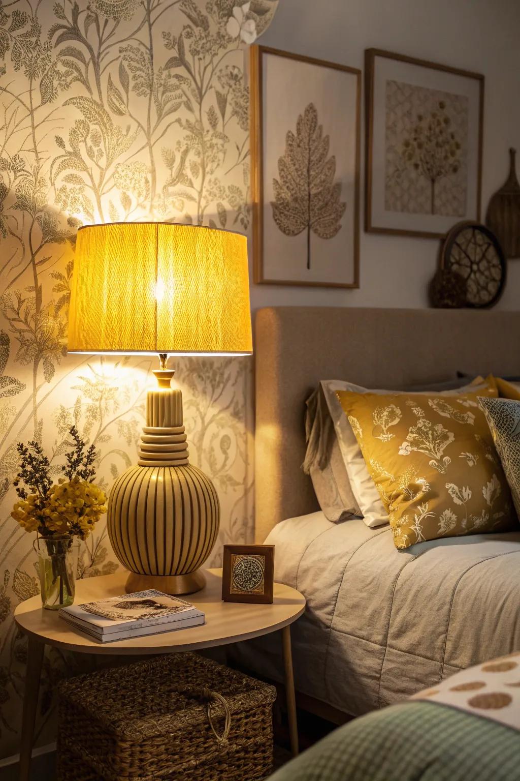 A bedroom exhibiting a wheat lamp along with ambient illumination.