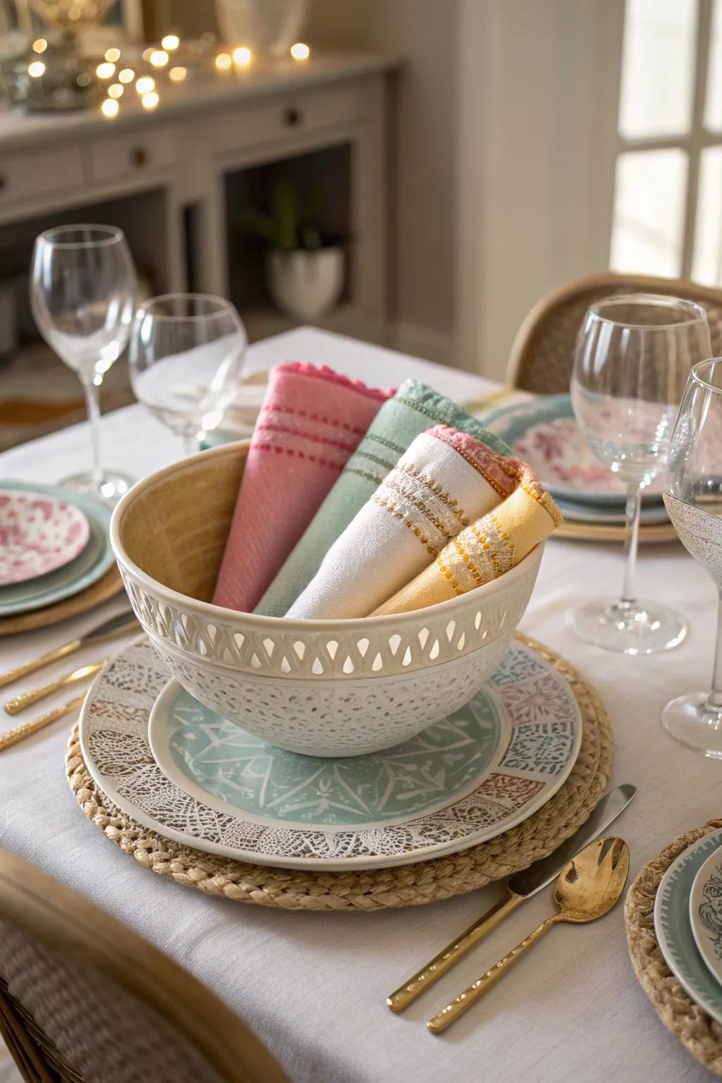 A decorative bowl filled with napkins adds elegance to any table setting.