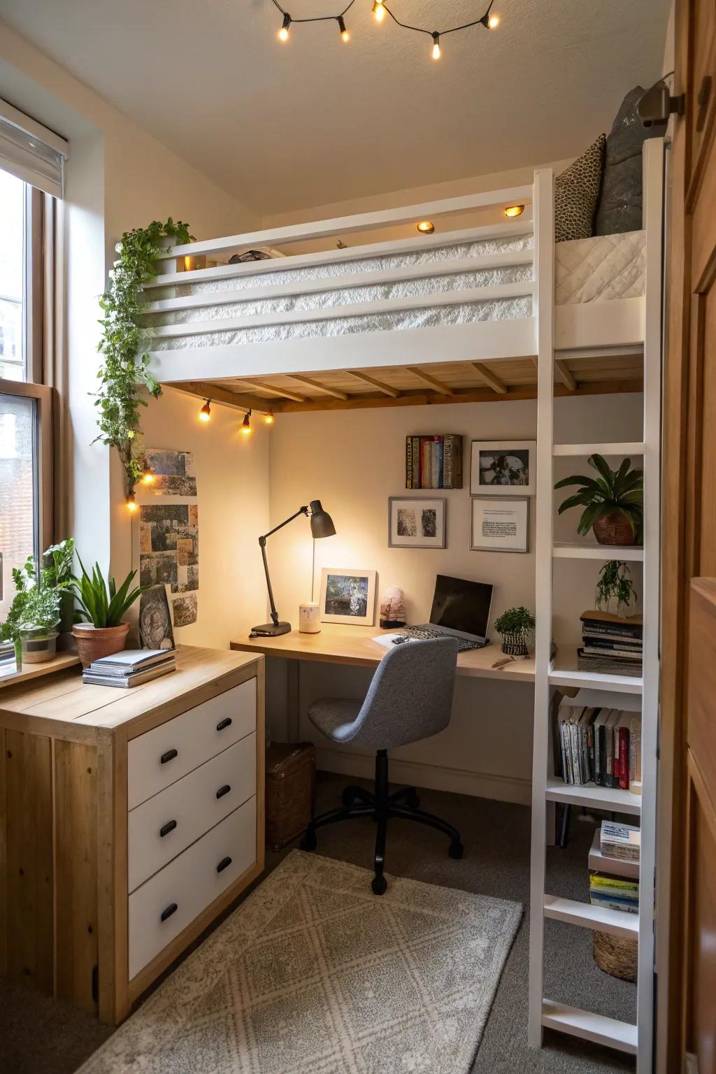 A loft bed maximizes space with a functional area beneath in a slender bedroom.