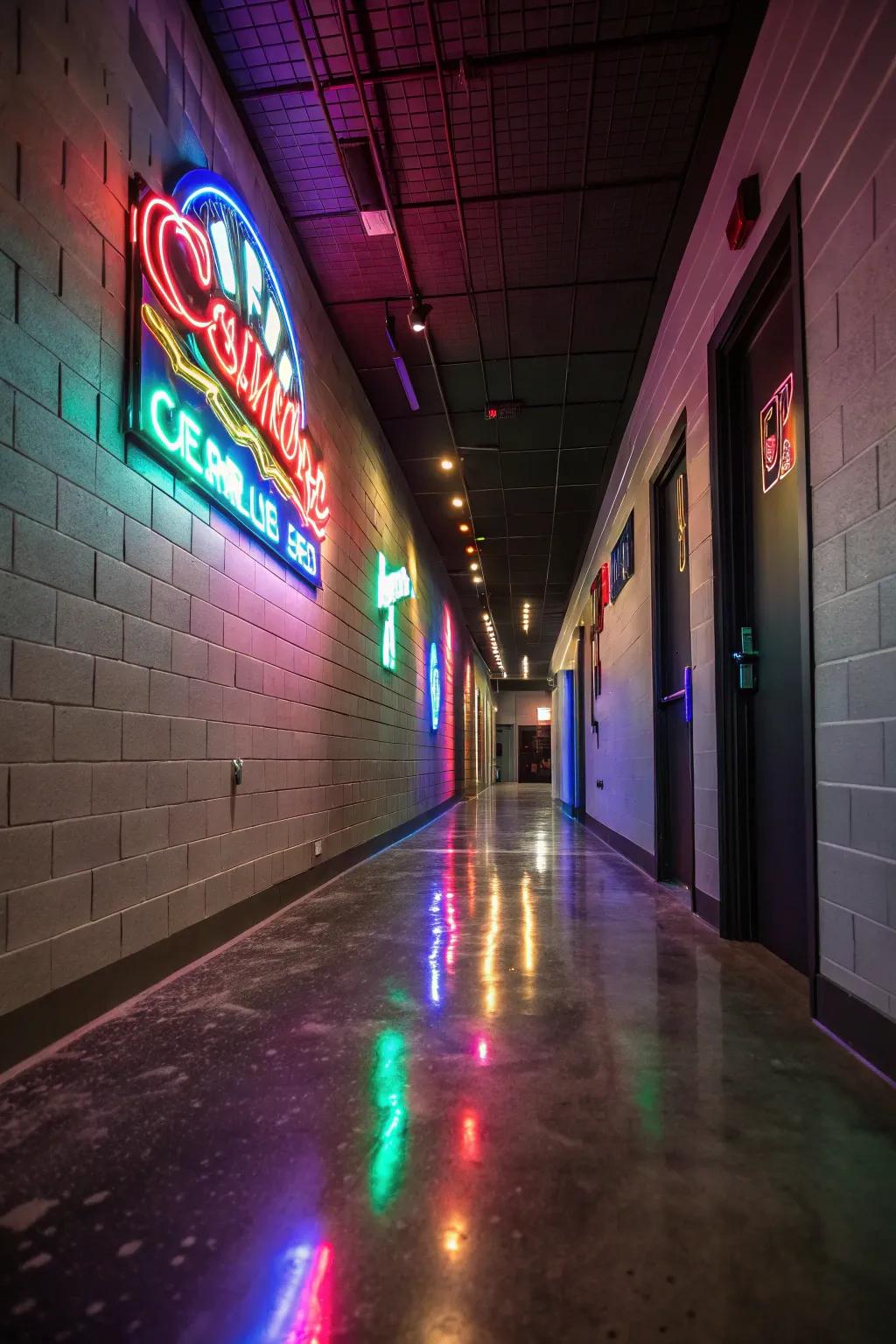 Neon lights introduce a unique personality to slender hallways.