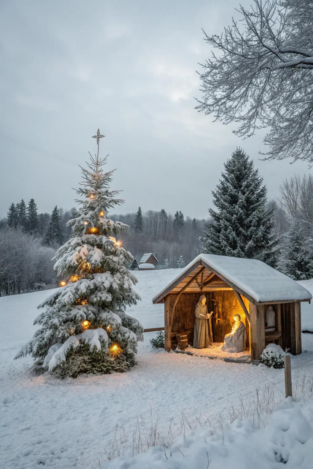 A snowy scenery background creates a serene winter wonderland.