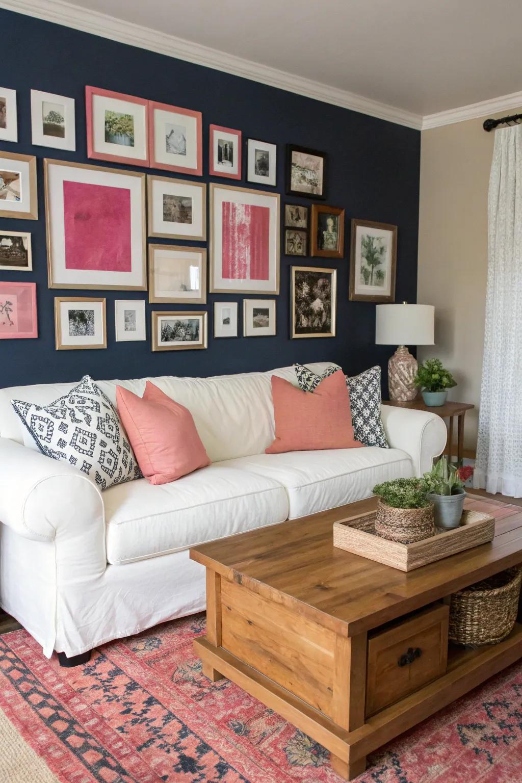A navy and rose feature wall personalizes your living space.