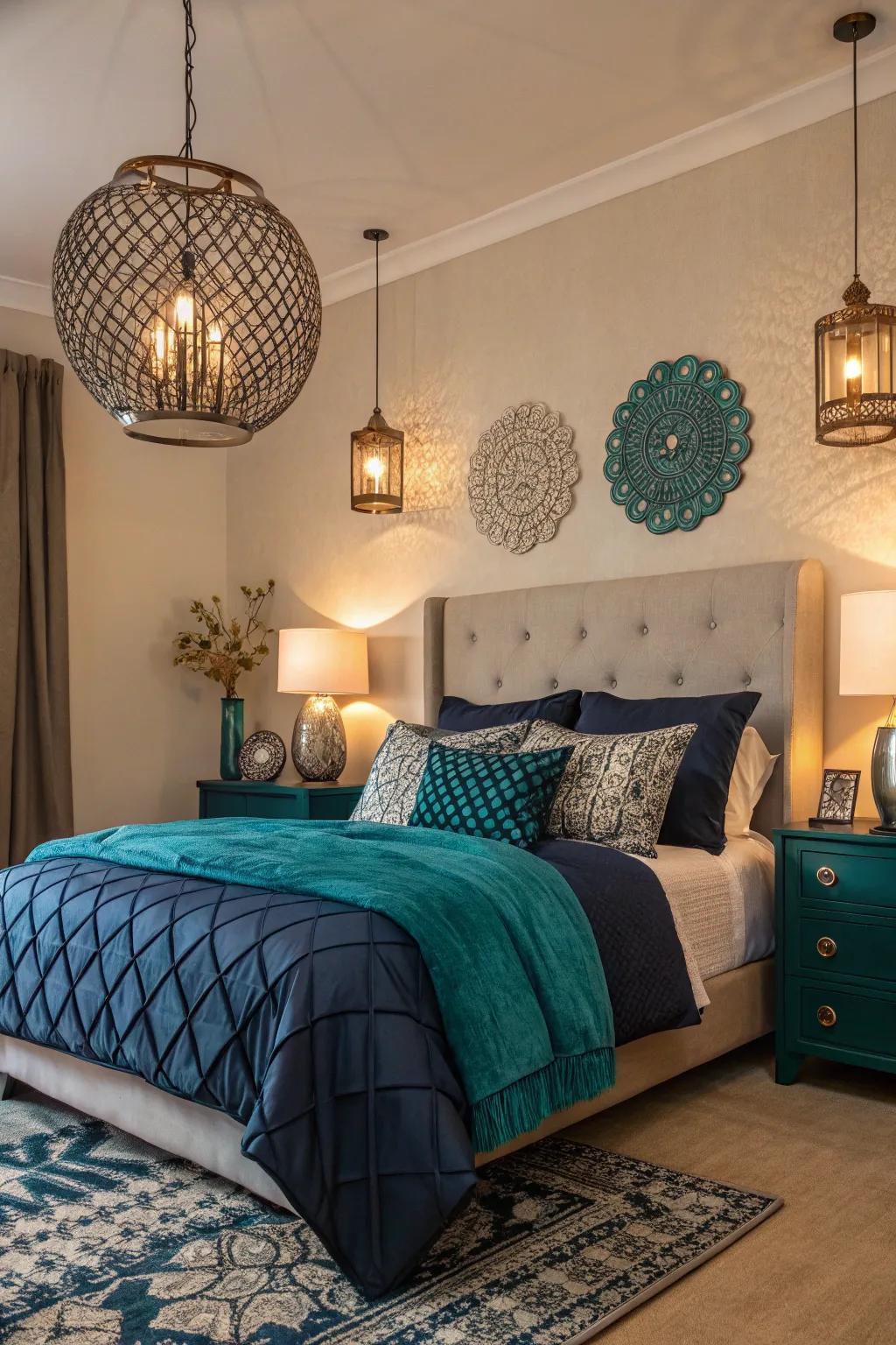Lighting serves as a remarkable focal point within a navy and teal interior.