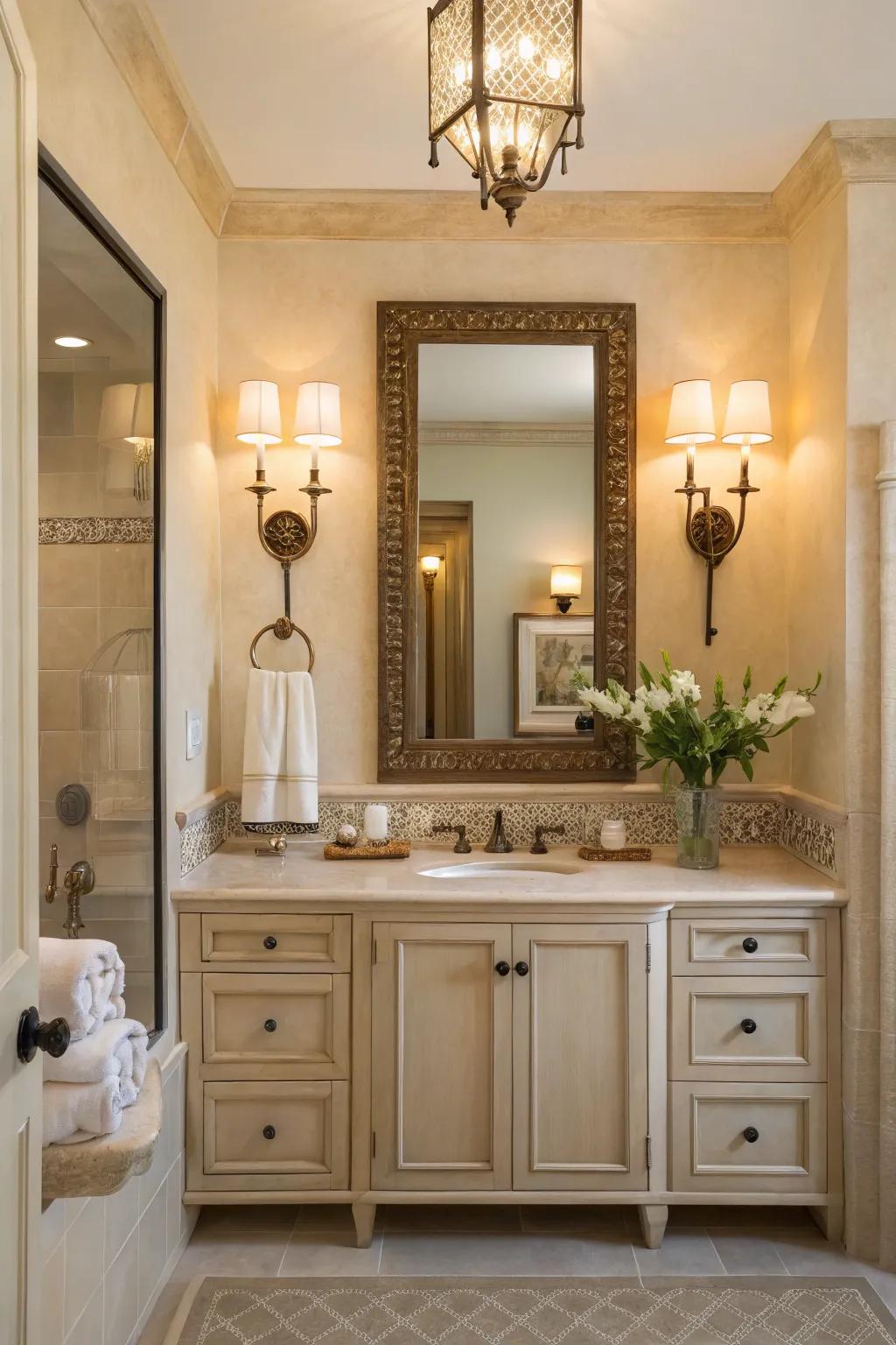 Stylish illumination units add sophistication to this neutral bathroom.