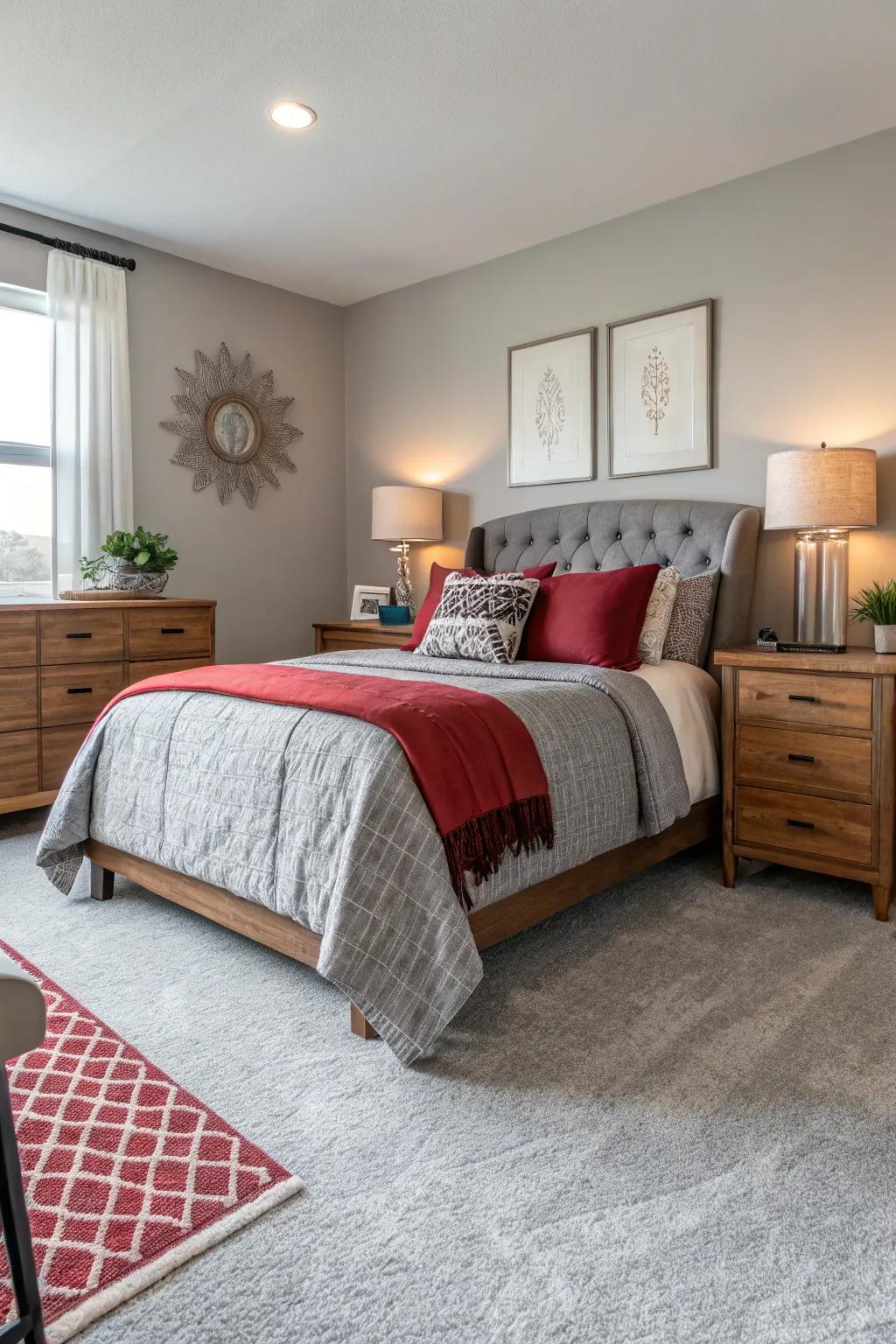 Light gray carpets deliver a flexible foundation for diverse décor.