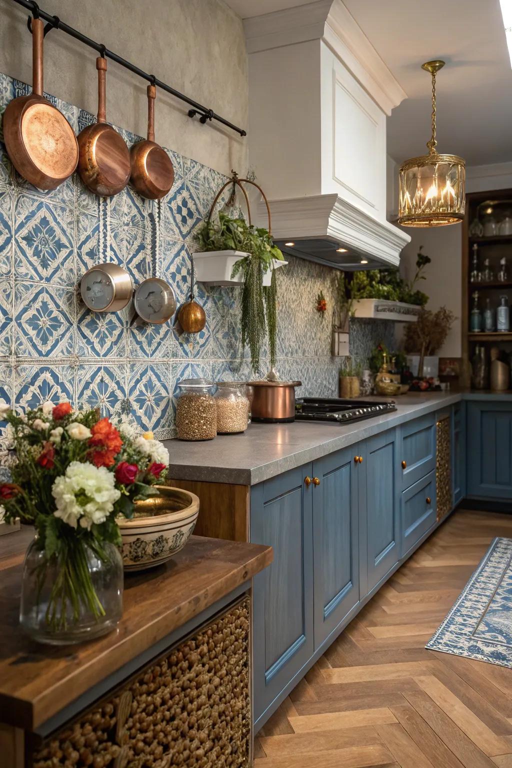 A cooking area concentrating on meticulousness, showcasing a distinctive backsplash and artistic influences.
