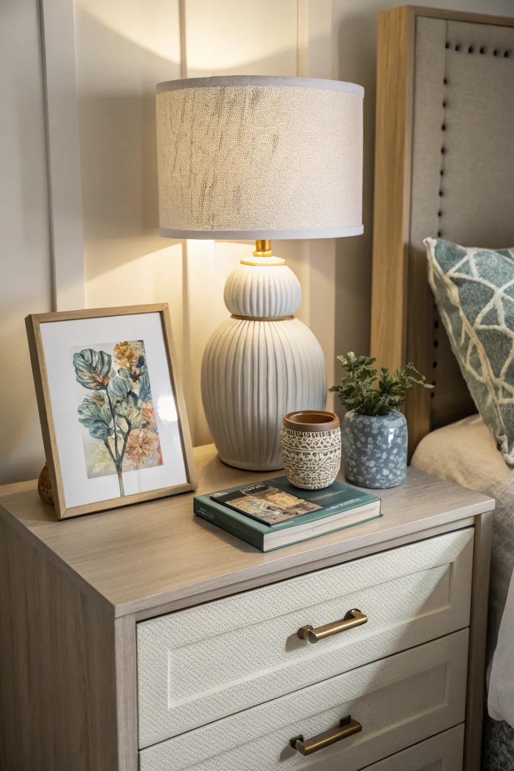 Showcase your personal style with artistic accents on your nightstand.