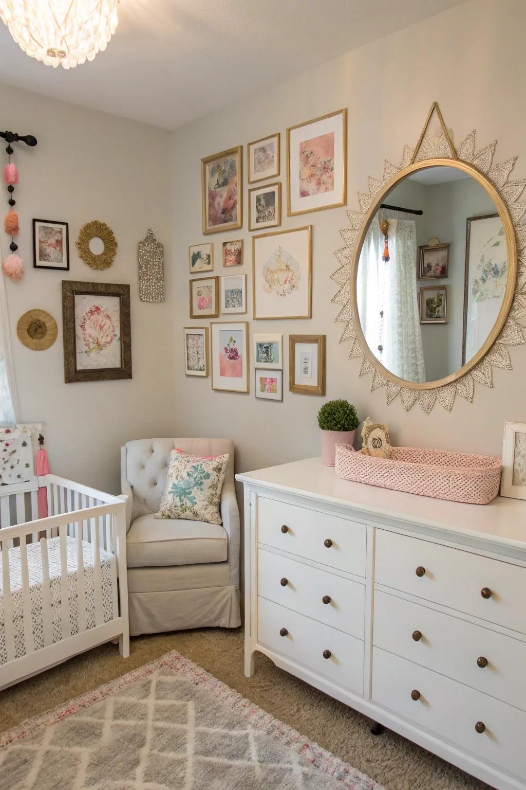 This gallery wall, complete with mirrors, infuses the nursery with personality and depth.