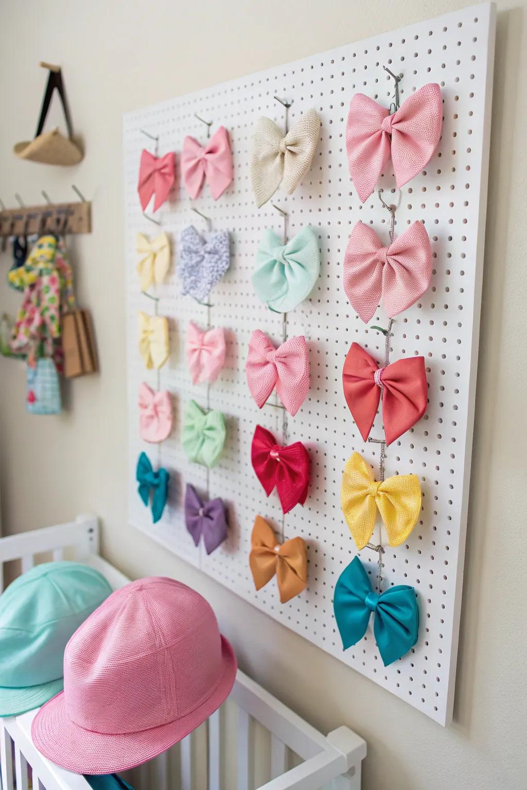 Accessories hung on a pegboard in the baby's room.