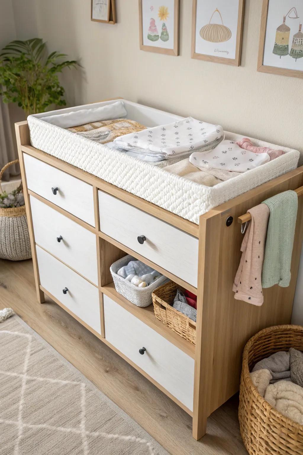 A dual-purpose dresser economizes area and retains changing essentials arranged.