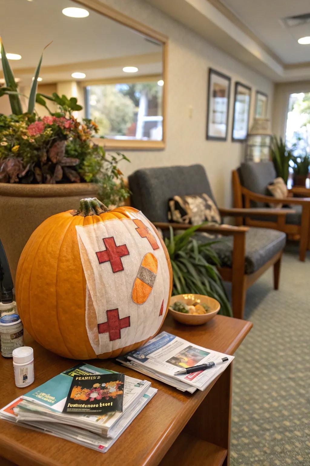A pumpkin adorned with medical supplies contributes a quirky element.
