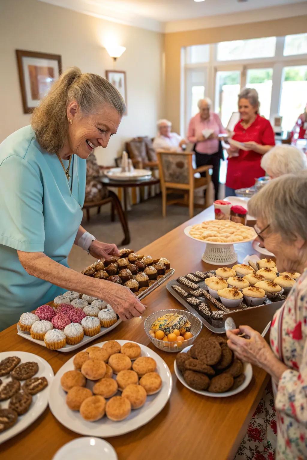 Care home residents exchanging delightful homemade sweets for Valentine's Day.