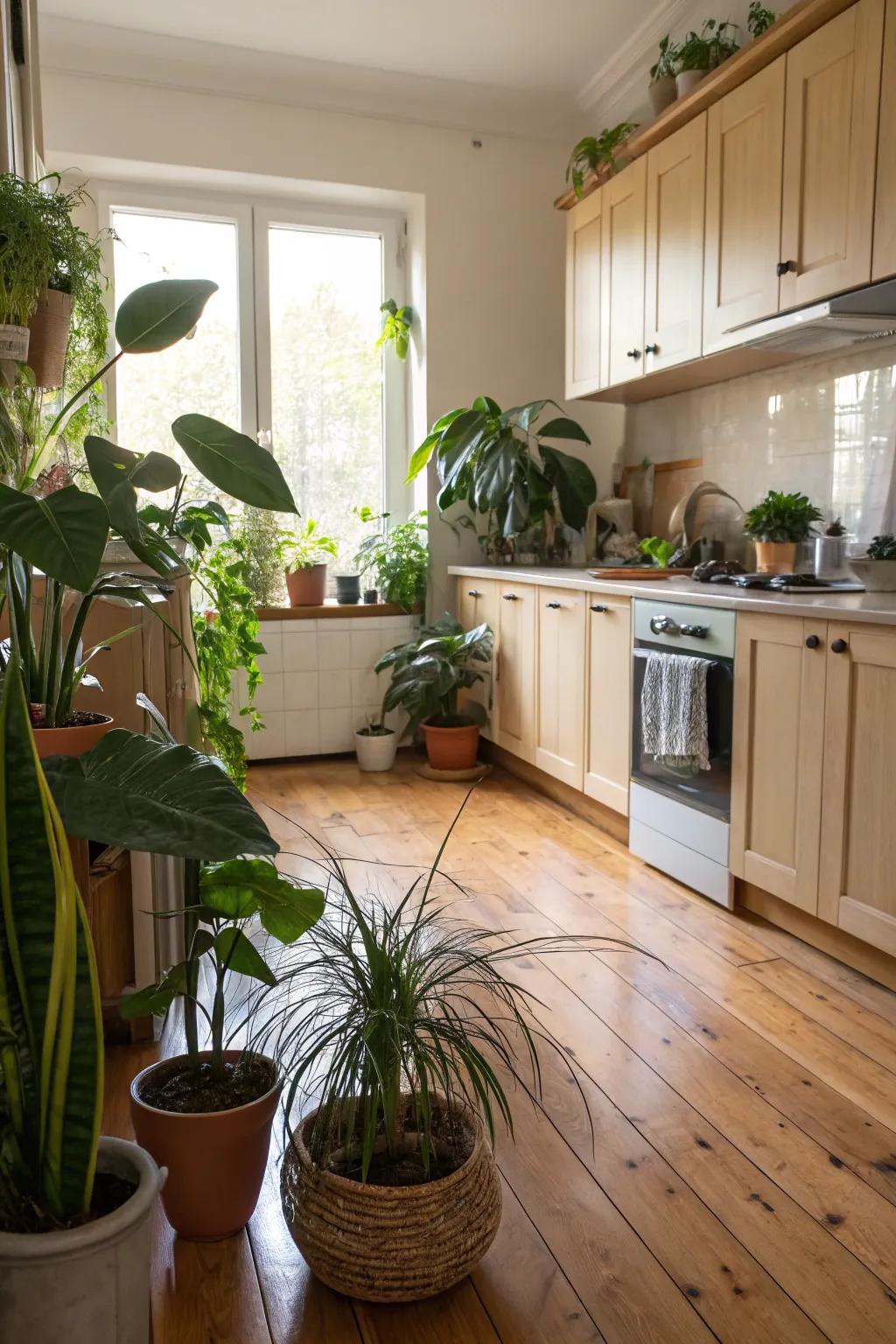 Verdure imbuing vitality into hardwood floor culinary space.