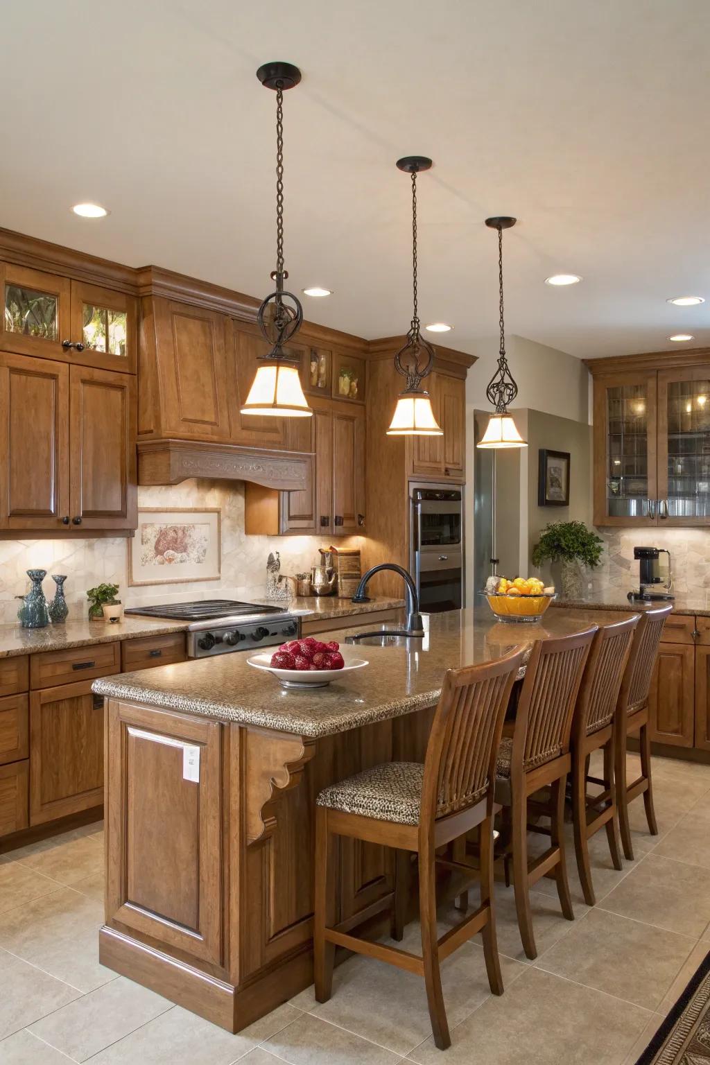 Hanging lights set the atmosphere in an oak kitchen.