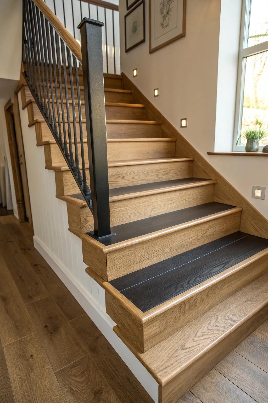 A noteworthy focal step exists within a magnificently designed oak stairway.
