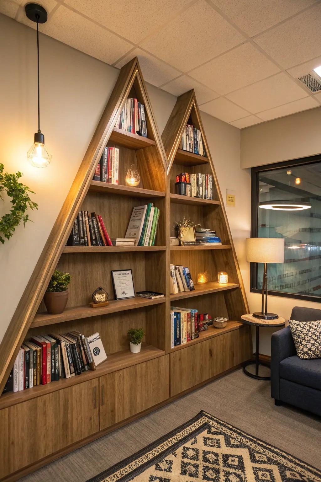 Triangular bookshelves optimally employ nook spaces for literature.