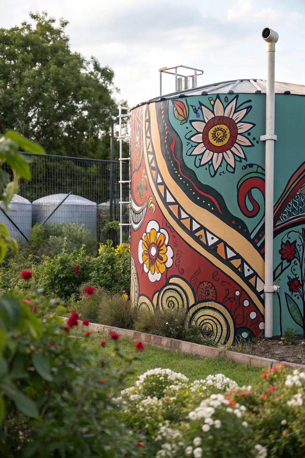 A fuel container reimagined as a piece of art with a lively abstract design.