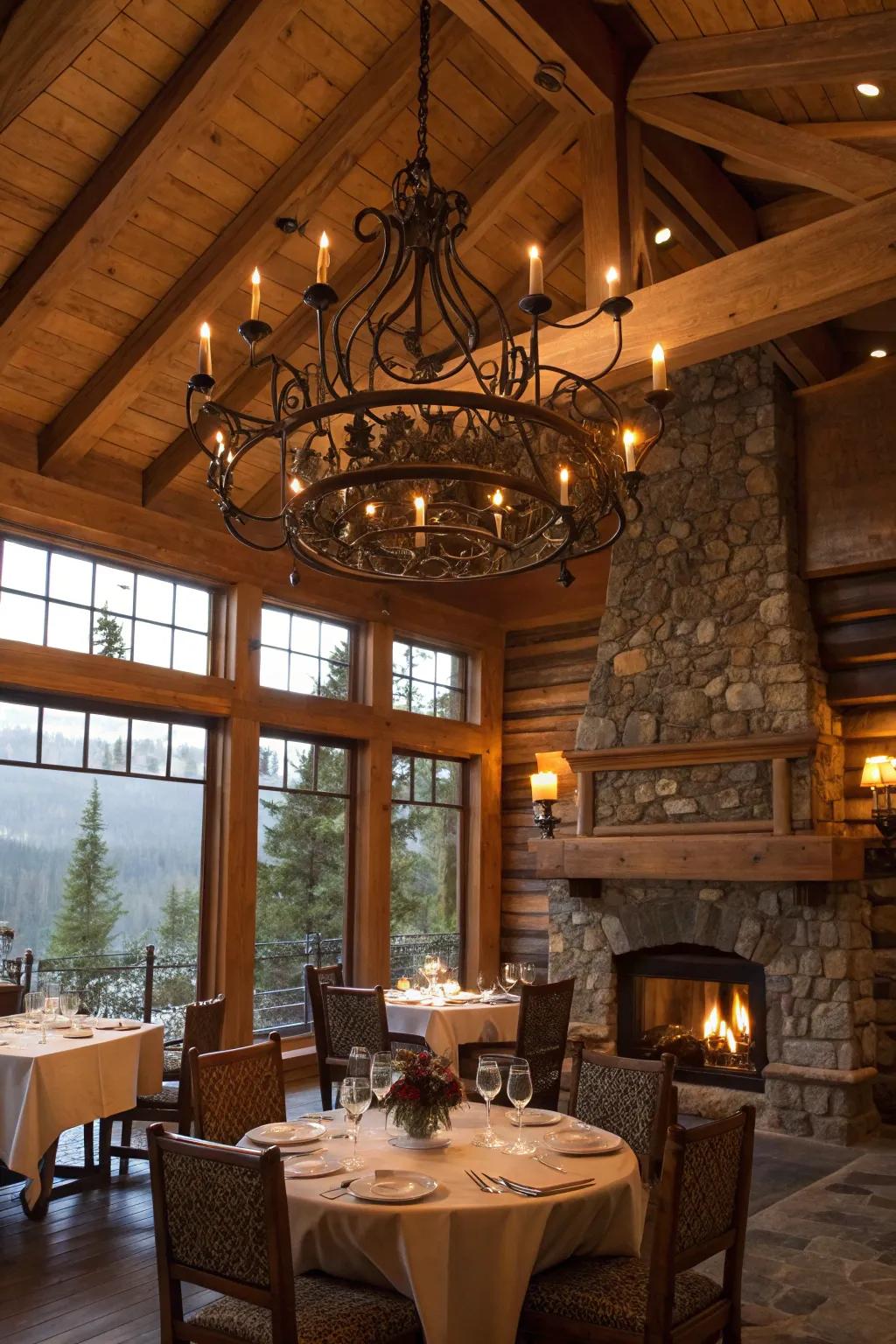 Country-style lodge dining area illuminated by a stunning wrought iron chandelier.