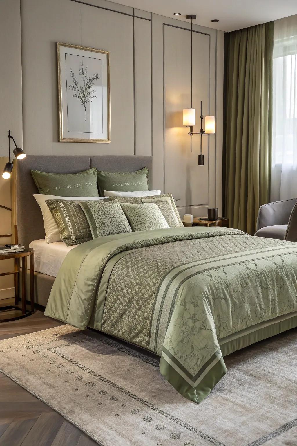 Olive green bedding displaying patterns provides increased elegance and personality.