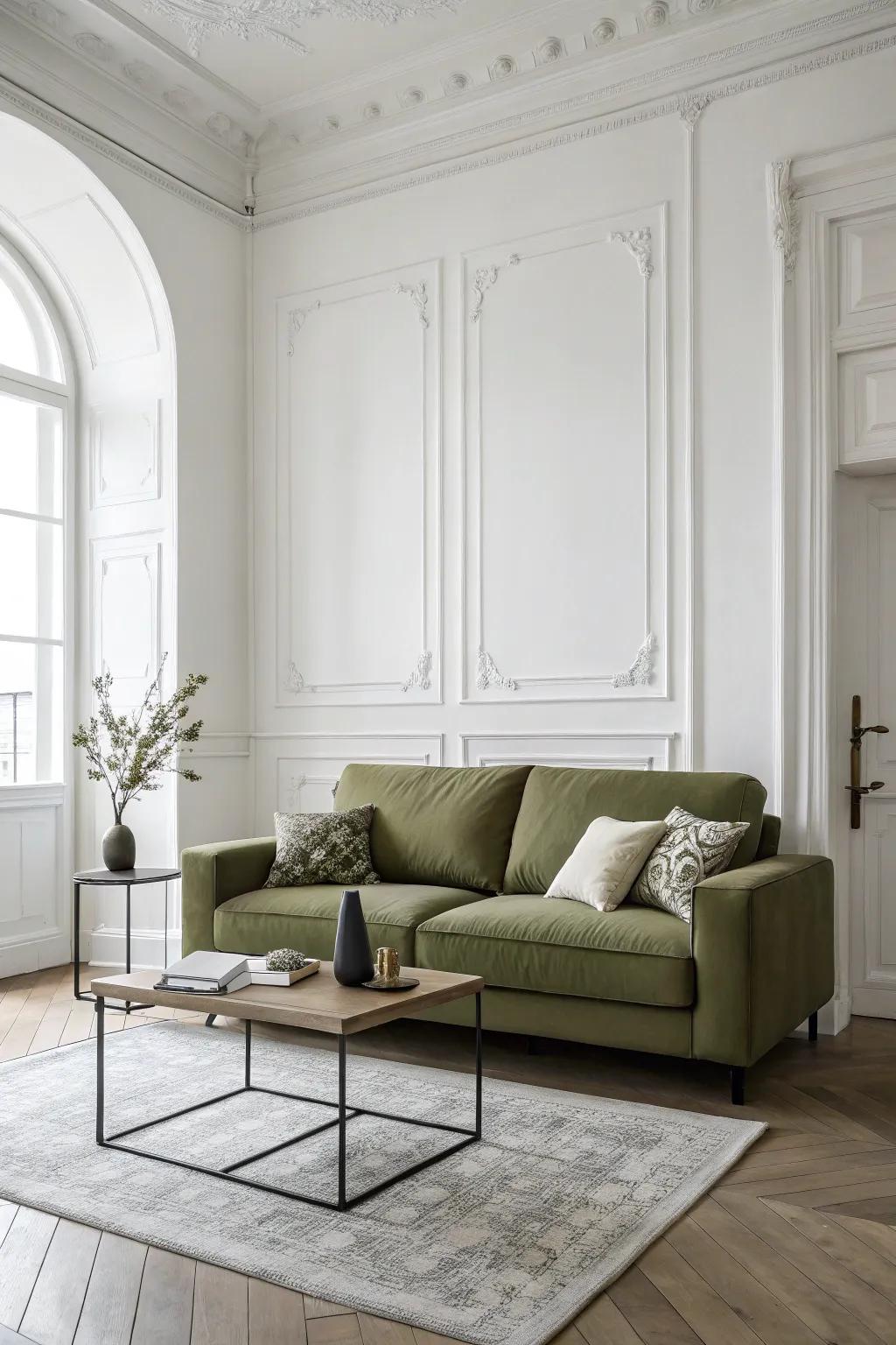 Minimalist design emphasizes the elegance of a verdant settee.