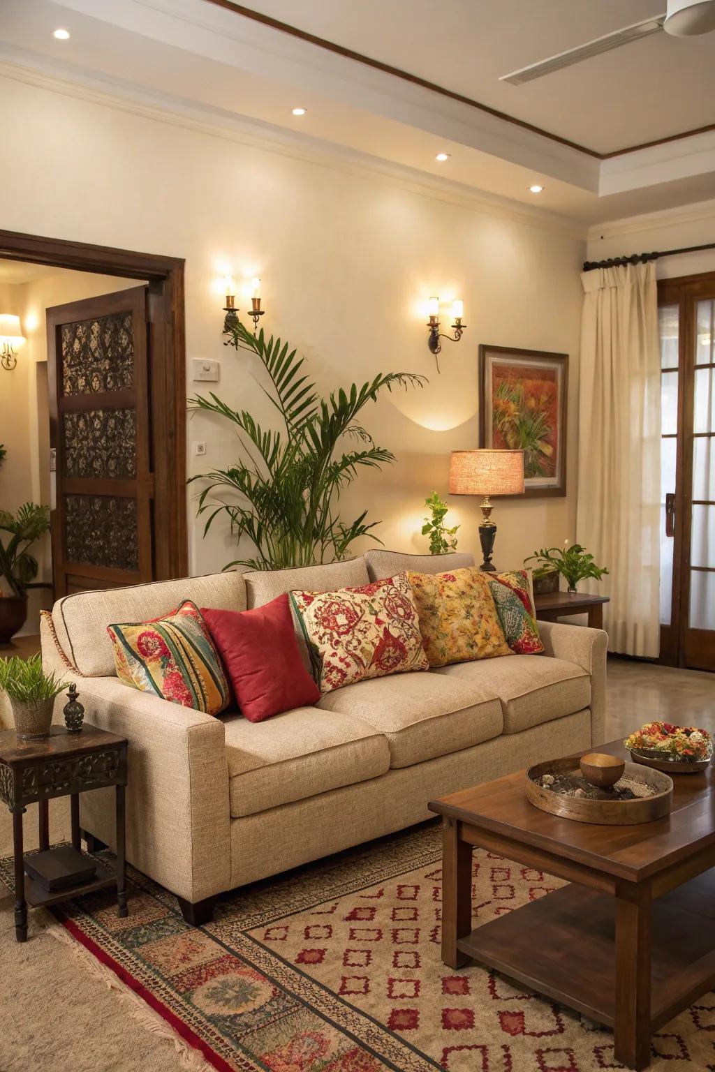 Subdued tones with colorful accents create a balanced look.