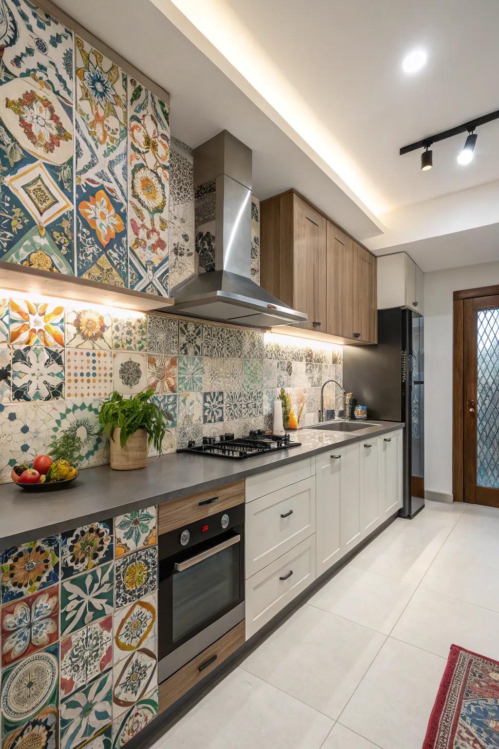 A bold wall panel serves as a center point in this one-wall kitchen.