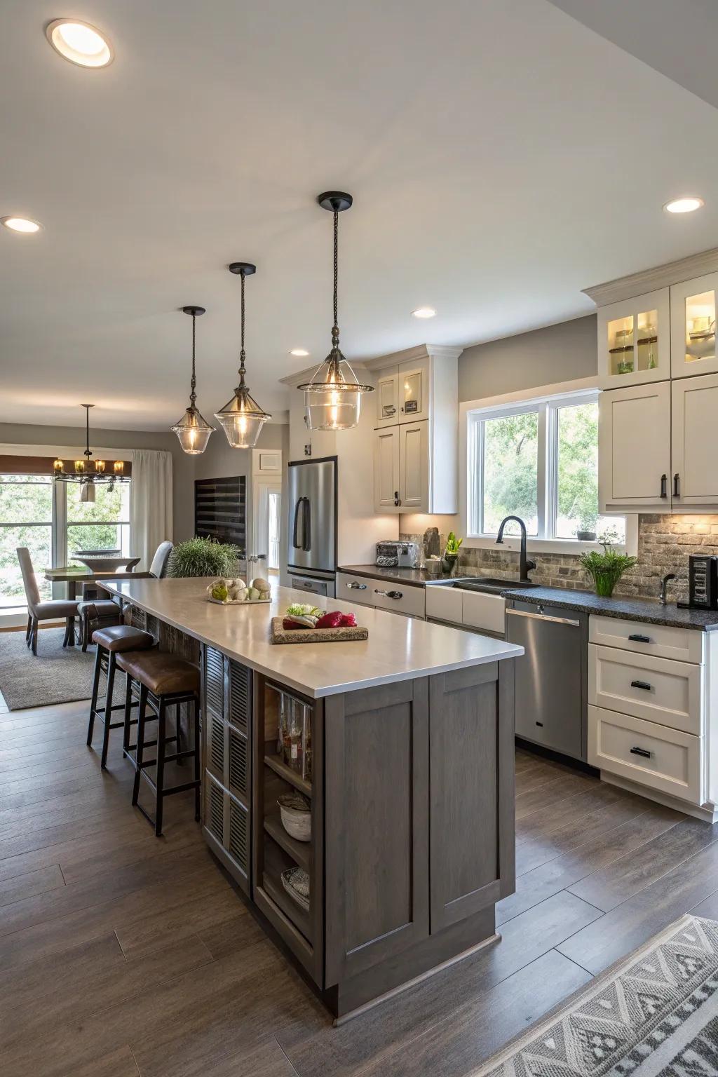A functional kitchen featuring an island smoothly incorporated into the open concept.
