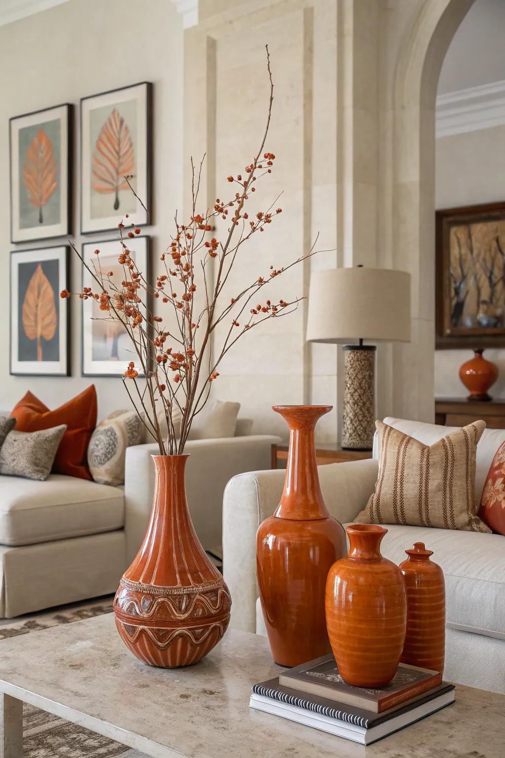 A modern living space with understated orange features such as vases and artworks.