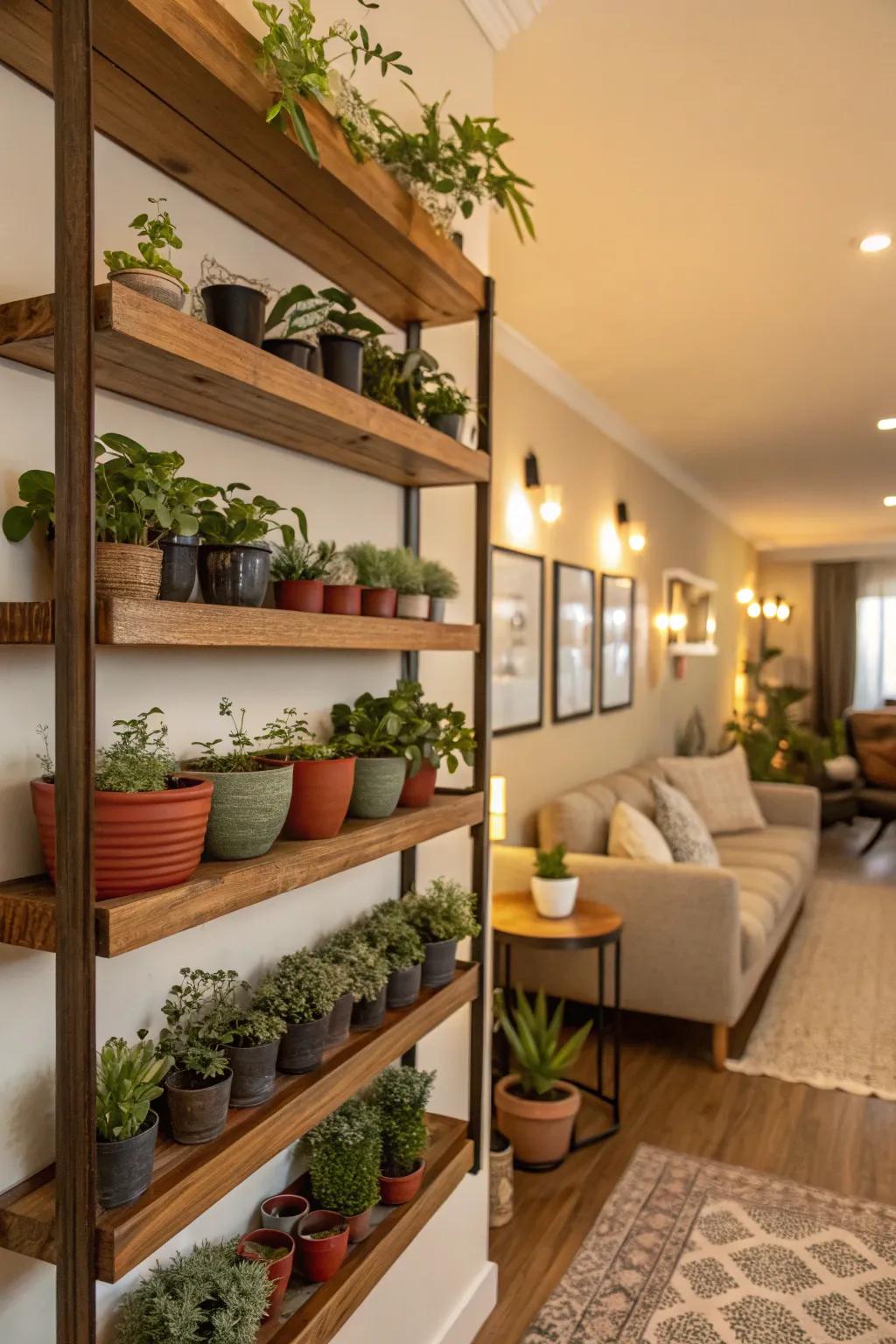Shelves transformed into a vertical garden bring nature inside