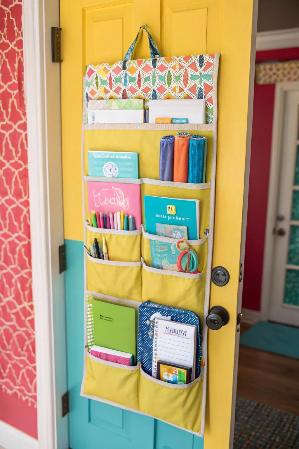 Over-the-door organizers efficiently use space.