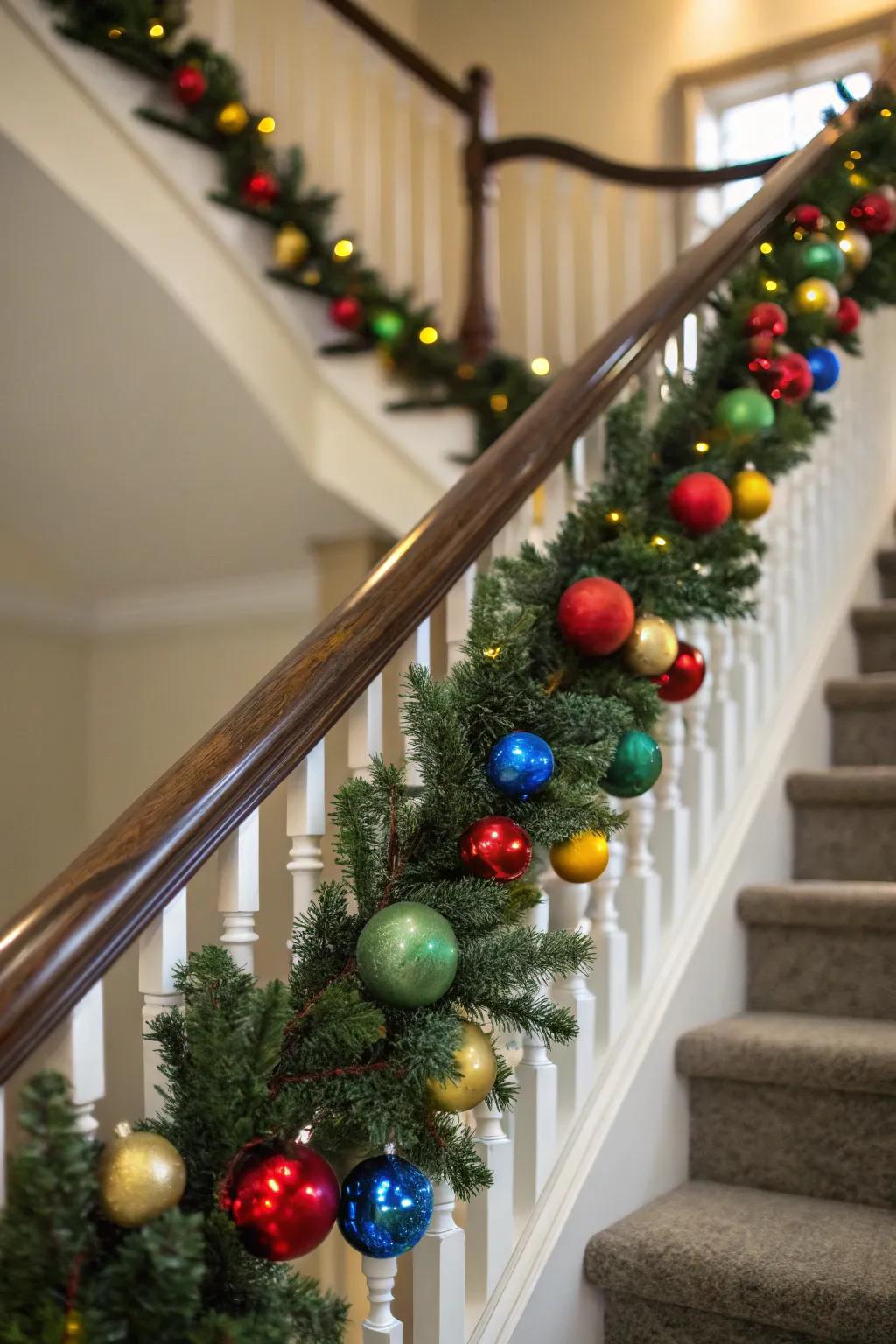An attention-grabbing ornament garland encircling a staircase railing.