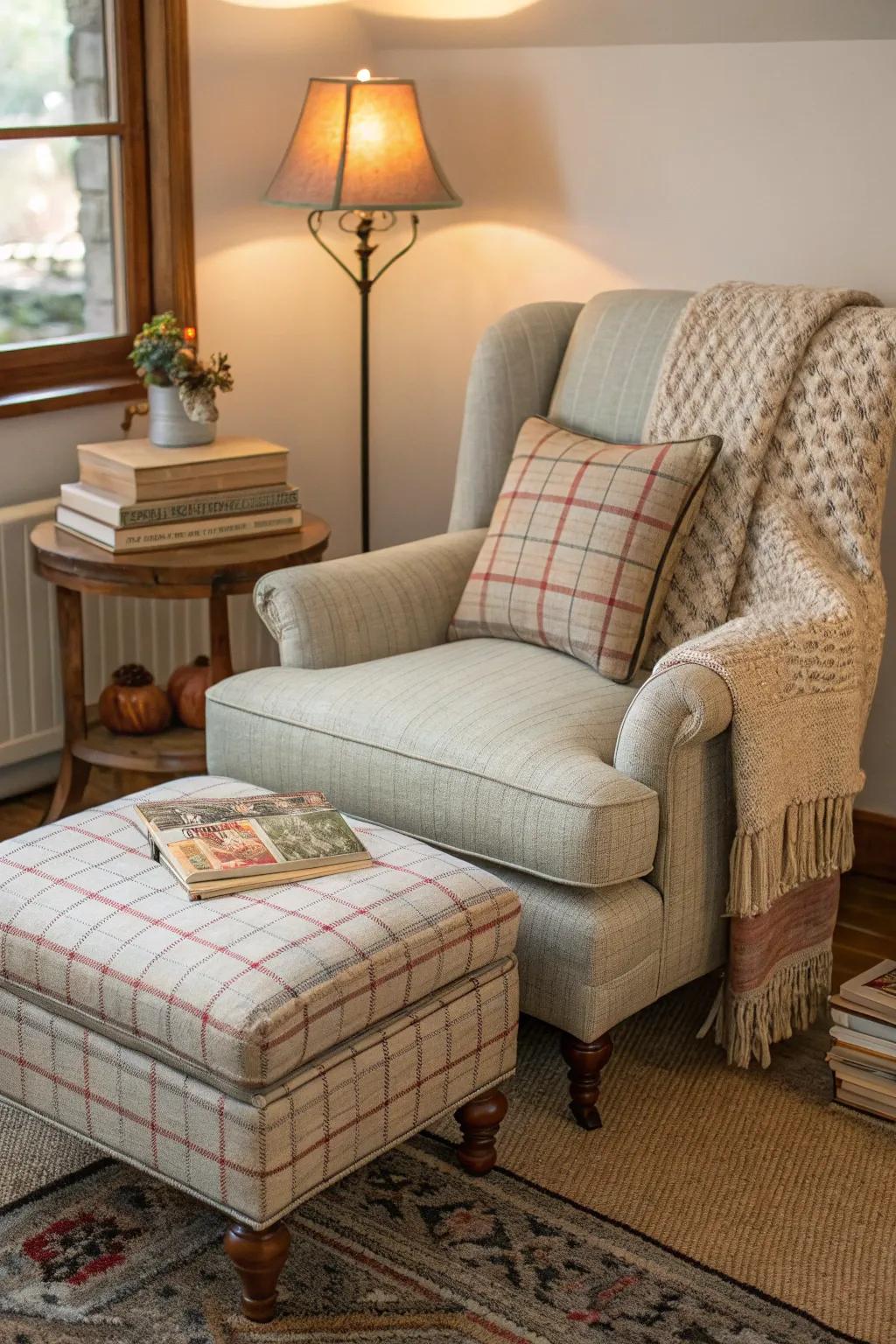 An ottoman and armchair combination creates the ideal reading nook.